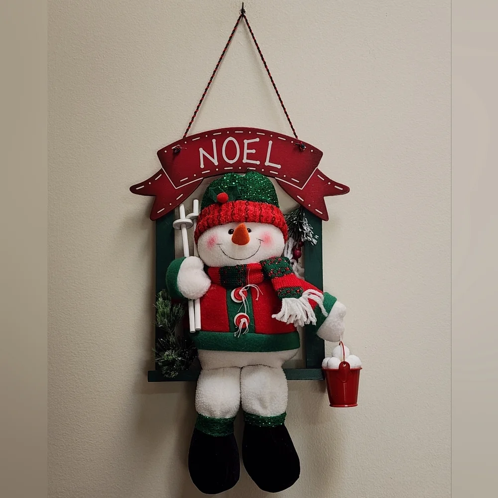Red and Green Wood Wall Or Shelf Decor Plush Snowman With Pail Of Snowballs